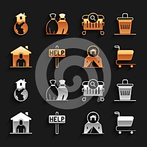 Set Ask for help text, Trash can, Shopping cart, Tourist tent, Shelter homeless, Searching food, and Garbage bag icon