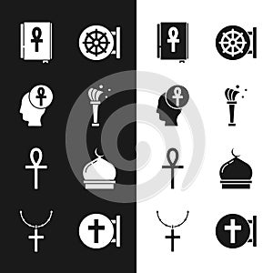 Set Aspergillum, Cross ankh, book, Dharma wheel, Muslim Mosque, Christian cross and on chain icon. Vector