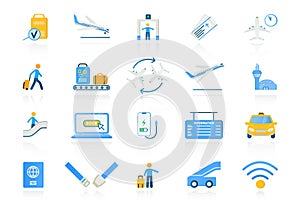 Set of assorted colored airport and travel icons