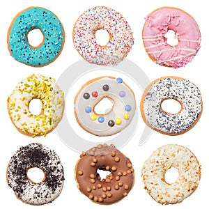Set of assorted donuts isolated on white background