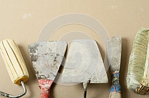 Set of assorted plaster trowel tools and spatula.Top view.Copy space for text.