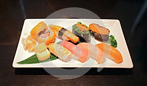 Set of assorted sushi, japanese food in restaurant ready to eat