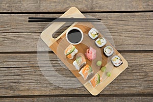Set of assorted sushi served on tray