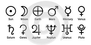 Set astrology and astronomy planet symbols. Planetary outline icons, simple alchemy icons, glyphs of planets.