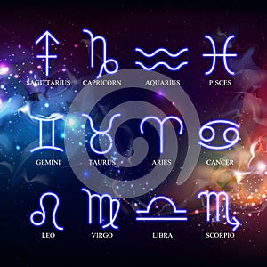 Set of astrology neon zodiac signs on outer space background. Vector illustration