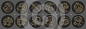 Set of astrology zodiac signs isolated on black background. Set of Zodiac icons.