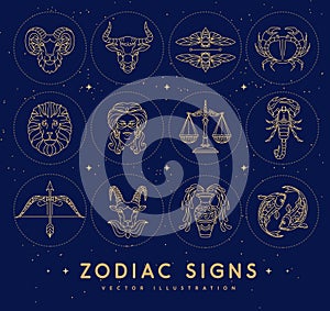 Set of astrology zodiac signs on outer space background. Set of Zodiac icons.