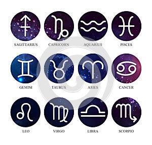 Set of astrology zodiac signs on outer space background. Vector illustration