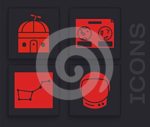 Set Astronaut helmet, Astronomical observatory, Celestial map of the night sky and Great Bear constellation icon. Vector