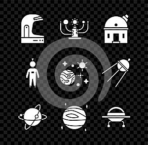 Set Astronaut helmet, Solar system, Astronomical observatory, Satellites orbiting the planet Earth, Planet Venus, UFO