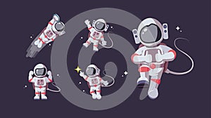 Set of astronaut in various poses in outer space. Spaceman exploration galaxy. Astronomy, intergalactic flight concept