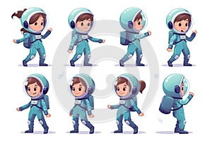 Set of Astronaut young women character, 8 different poses, in blue suit, cartoon style