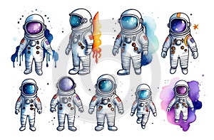 Set of astronauts or cosmonauts in spacesuit floating in weightlessness. Hand drawn spacemans for t-shirt print design