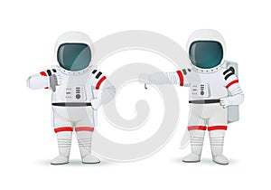 Set of astronauts making gestures of disapproval. One hand akimbo and other showing thumbs down sign. Dislike, rejection pose.