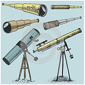 Set of astronomical instruments, telescopes oculars and binoculars, quadrant, sextant engraved in vintage hand drawn