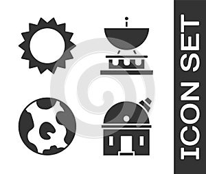 Set Astronomical observatory, Sun, Earth globe and Satellite dish icon. Vector