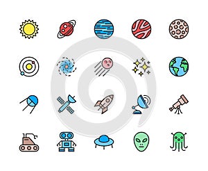 Set of Astronomy and Space Color Line Icons. Sun, Solar System, Galaxy and more.