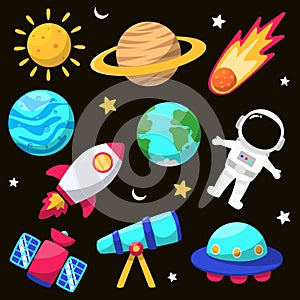 Set of astronomy and space vector elements with cute and colorful design isolated on black background