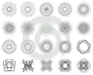 Set of asymmetric Guilloche Rosette stamp element design vector templates.