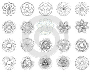 Set of asymmetric Guilloche Rosette stamp element design vector templates.