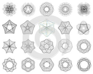 Set of asymmetric Guilloche Rosette stamp element design vector templates.