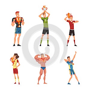 Set of athletes with award cups and medals set. Sports competition winners cartoon vector illustration
