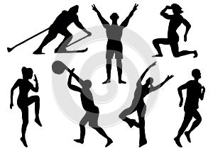 Set of athletes. Isolated silhouettes of basketball player, skier, gymnastics, runner. Hand drawn. Template. Illustration.