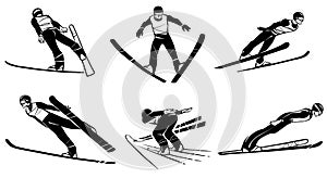 Set of athletes skiers in flight. Ski jumping. Hand drawn.