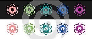 Set Atom icon isolated on black and white background. Symbol of science, education, nuclear physics, scientific research