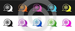 Set Atom icon isolated on black and white background. Symbol of science, education, nuclear physics, scientific research