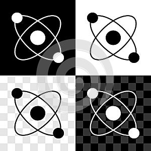 Set Atom icon isolated on black and white, transparent background. Symbol of science, education, nuclear physics