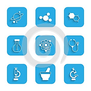 Set Atom, Mortar and pestle, Microscope, Stethoscope, Test tube, Chemical formula and Planet Saturn icon. Vector