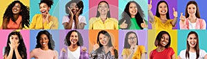 Set of attractive stylish multicultural young ladies, collage