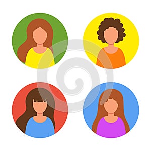 A set of attractive young girls or women with different hairstyles. Femininity concept. Cute characters without faces. Icon,