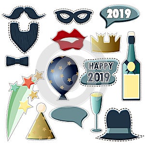 A set of attributes for photo shoots at the New Year`s party 2019. New Year Photo Booth Props New Years Eve 2019. Vector