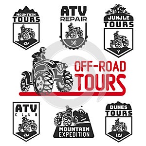 Set of ATV vehicle logo and emblems. All-terrain 4x4 quad illustration.