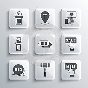 Set Auction hammer, Bid, Price tag with Sale, ancient vase, jewelry sale and Hand holding auction paddle icon. Vector