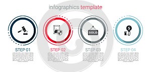 Set Auction hammer, painting, sold and Hand holding auction paddle. Business infographic template. Vector