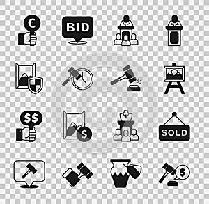 Set Auction hammer price, sold, painting, auctioneer sells, Hand holding paddle and icon. Vector