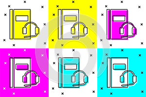 Set Audio book icon isolated on color background. Book with headphones. Audio guide sign. Online learning concept