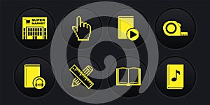 Set Audio book, Roulette construction, Crossed ruler and pencil, Open, Pixel hand cursor, and Supermarket building icon