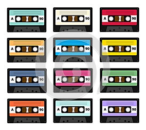 Set of audio cassette old tape recorders used in the 80s of the 20th century. It can be used as an illustration of the