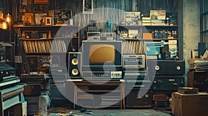 Set of audio equipment, record players, amplifiers.