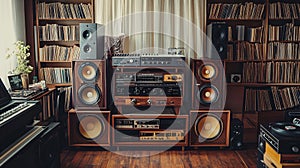 Set of audio equipment, record players, amplifiers.