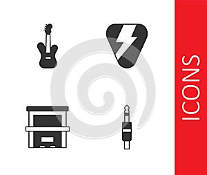 Set Audio jack, Electric bass guitar, Piano and Guitar pick icon. Vector