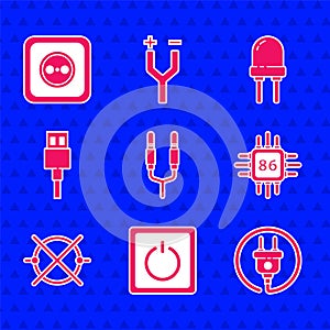 Set Audio jack, Electric light switch, plug, Processor with microcircuits CPU, scheme, USB cable cord, Light emitting