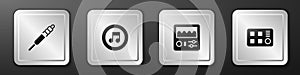Set Audio jack, Music note, tone, Drum machine and icon. Silver square button. Vector