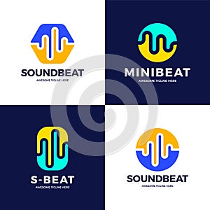 Set Audio Sound Wave logo template stock vector design. Line abstract music technology logotype. Digital element emblem, graphic