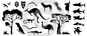 Set of Australian animals and birds silhouettes. The nature of A