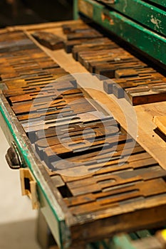 The set of the authentic wooden letters also named as sort or type from Cyrillic alphabet used some time ago for letterpress